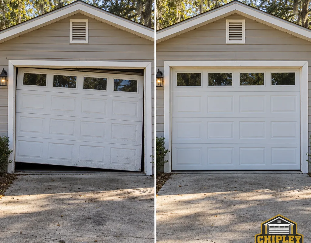 Garage door before and after correction of an uneven cable issue