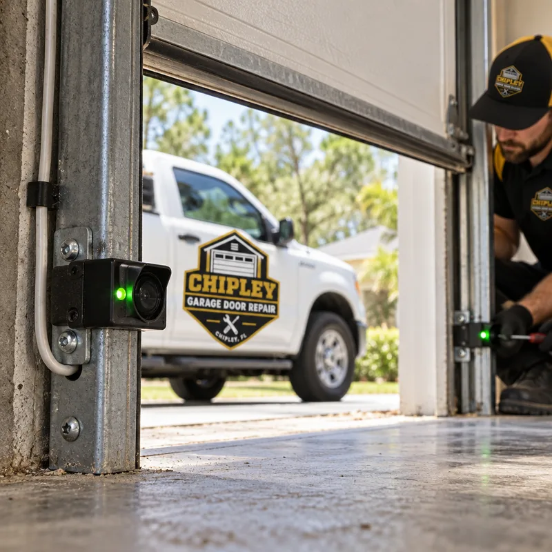 Garage door safety sensors aligned across the opening