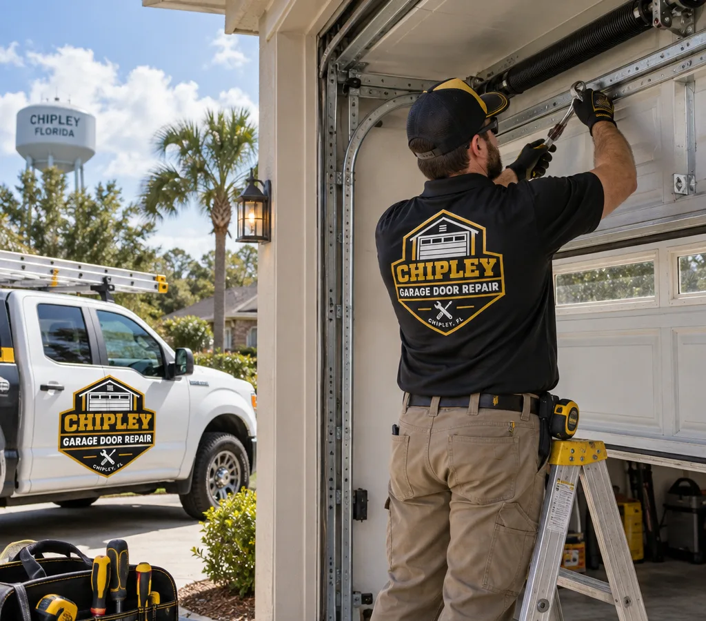 Technician working on a residential garage door in a Chipley driveway