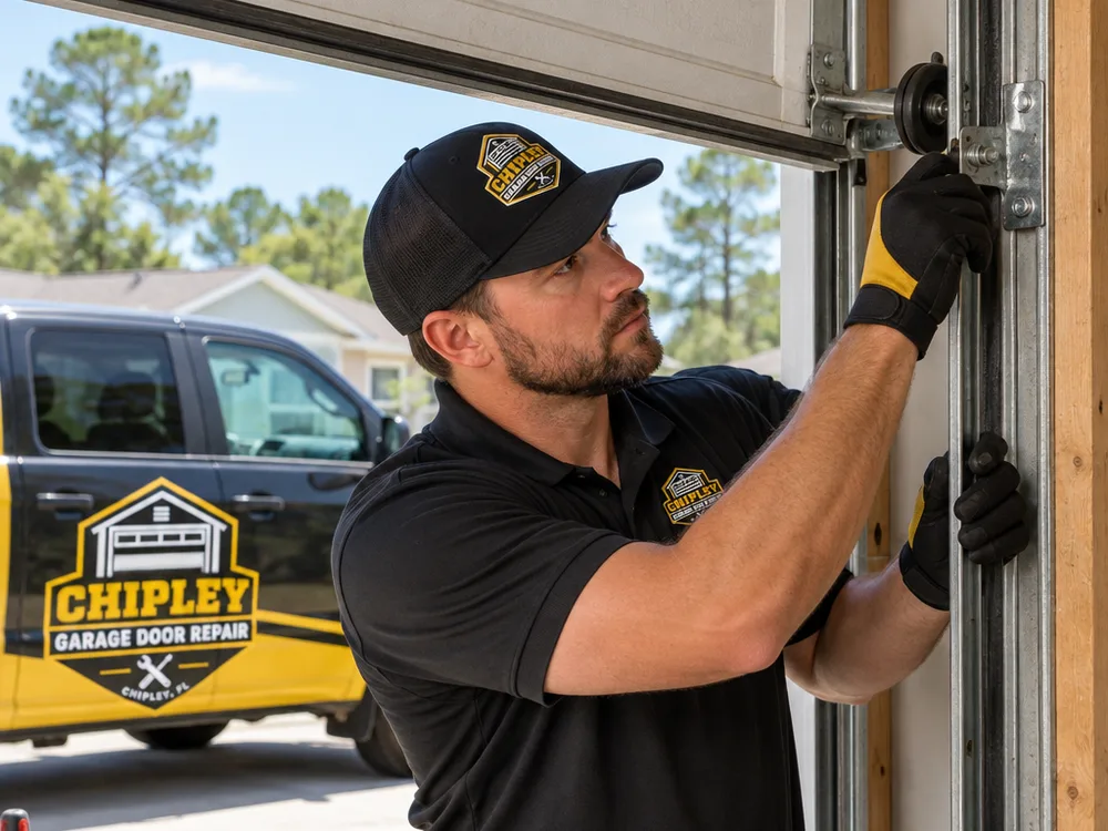Technician checking garage door track brackets and roller path