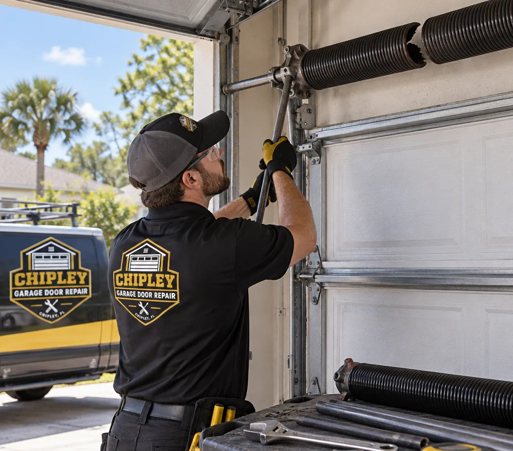 Broken torsion spring above a residential garage door with spring replacement tools staged nearby