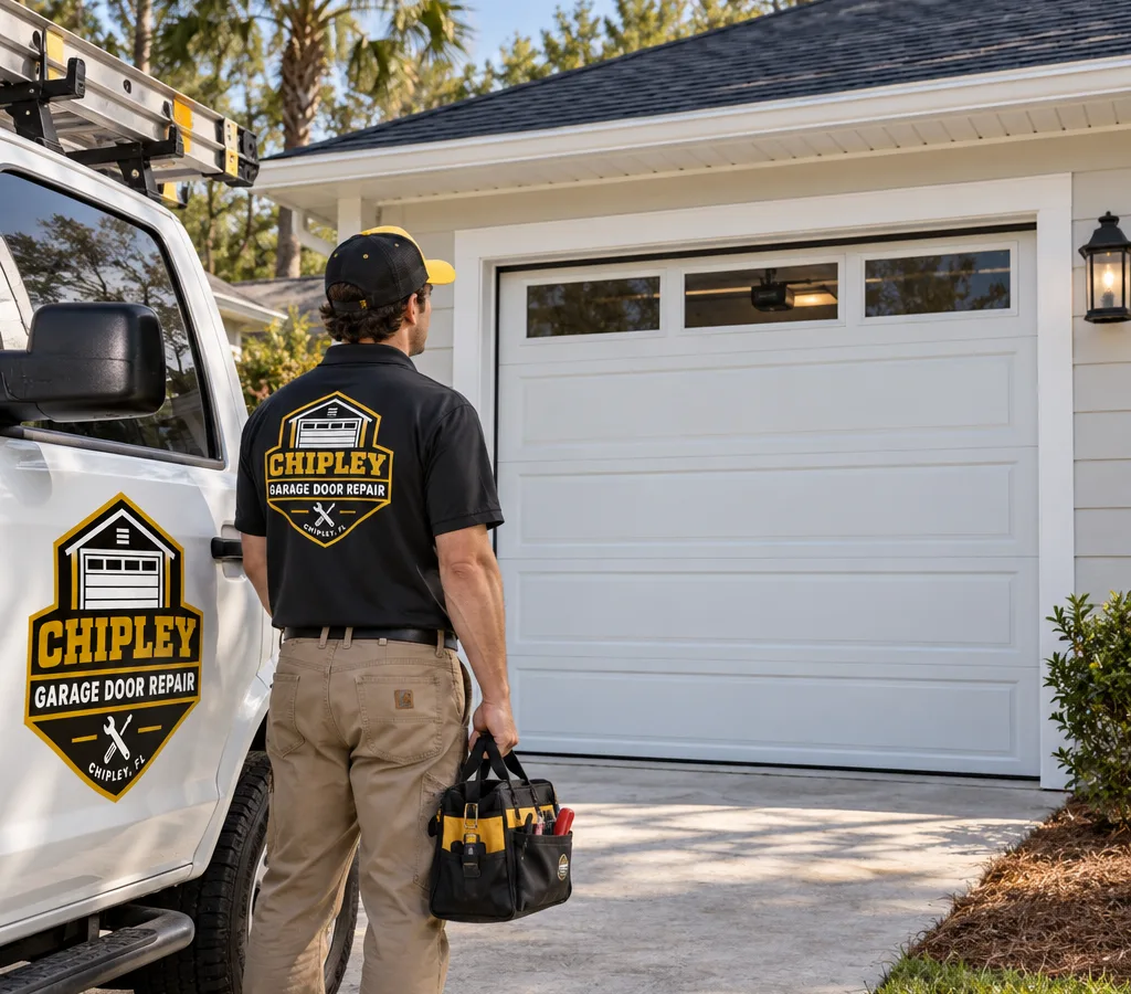 Newly installed residential garage door with straight panels, even trim, and an automatic opener