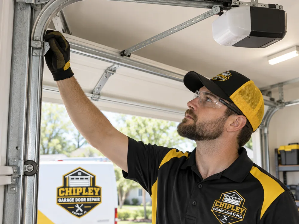 Interior view of aligned garage door tracks and a properly mounted automatic opener rail