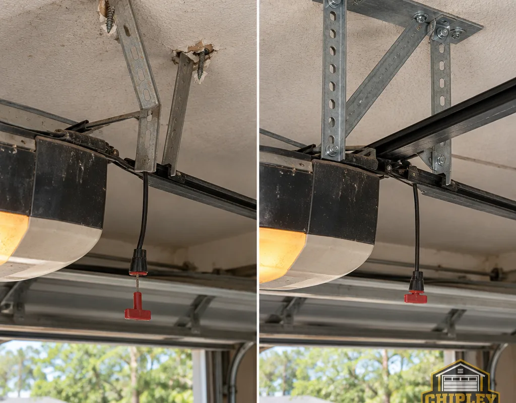 Before and after view of a loose opener rail mount reinforced and realigned