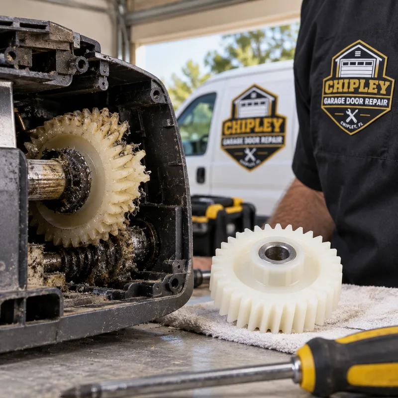 Worn nylon garage door opener gear beside a new replacement gear