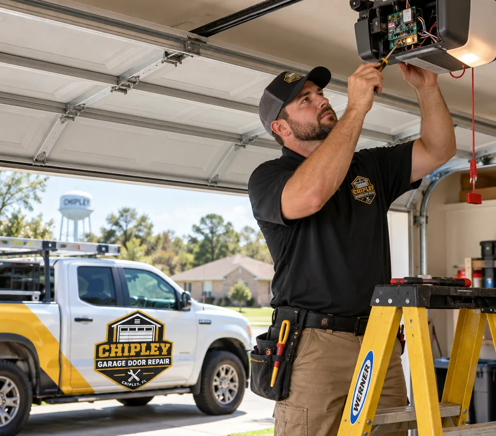 Technician safely diagnosing wiring and travel limits on a residential garage door opener