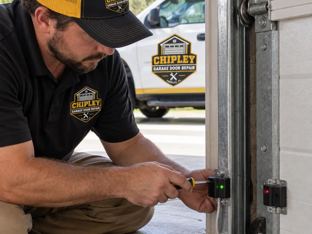 Technician aligning garage door photo eye sensors and checking the indicator light