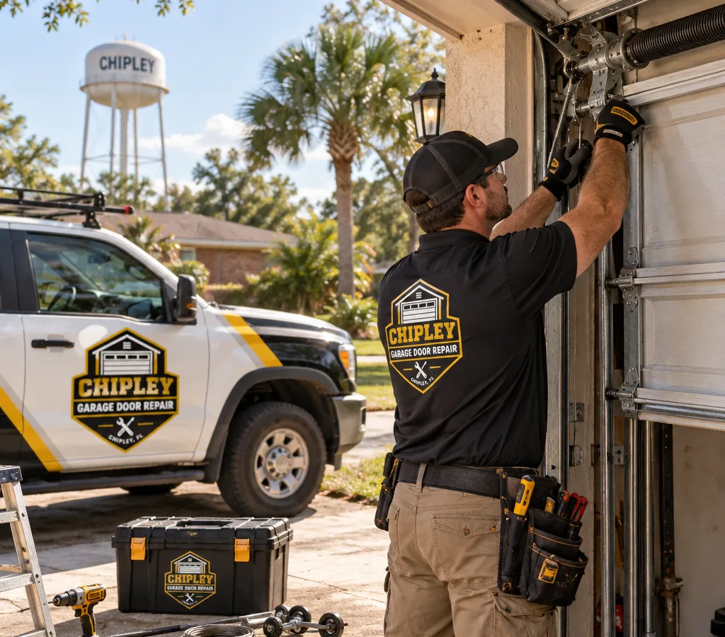 Technician safely repairing the springs, cables, and rollers of a partially open residential garage door