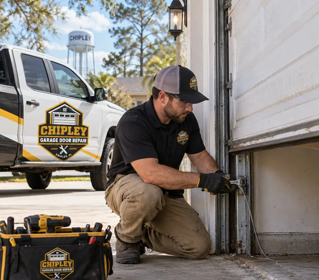 Technician working on an uneven residential garage door with the bottom bracket and lift cable visible